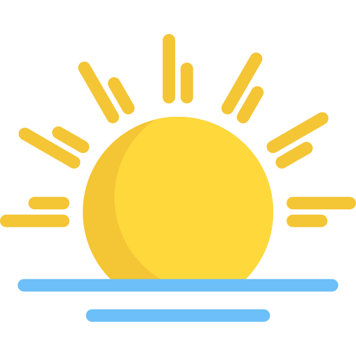 Simple color graphic of a stylized sun rising over symbolic blue water.